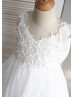 V Neckline Ivory Lace Tulle Knee Length Flower Girl Dress